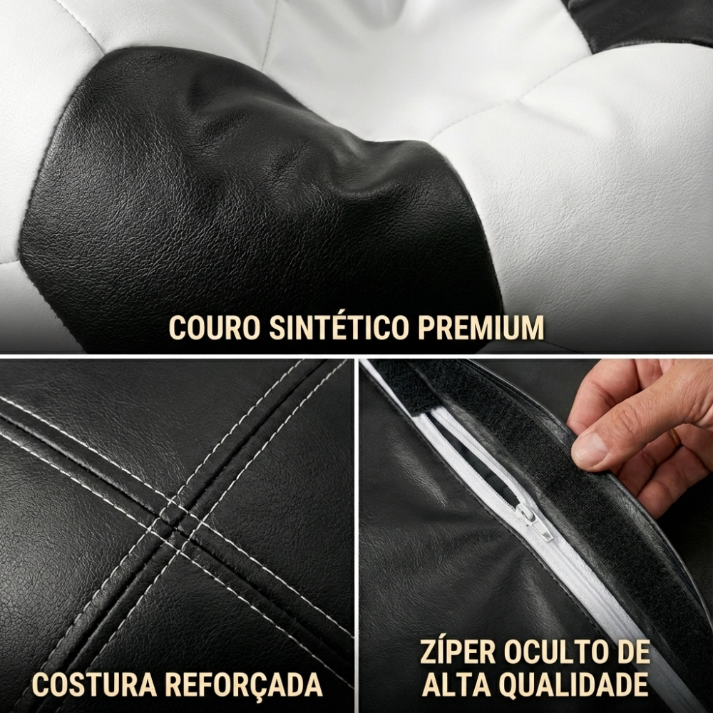 Puff Bola Futebol Com Enchimento Courino Premium (BRANCO COM PRETO)