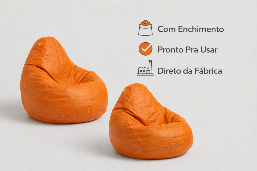 Puff Fofão Adulto com Enchimento e Courino Premium (Laranja)
