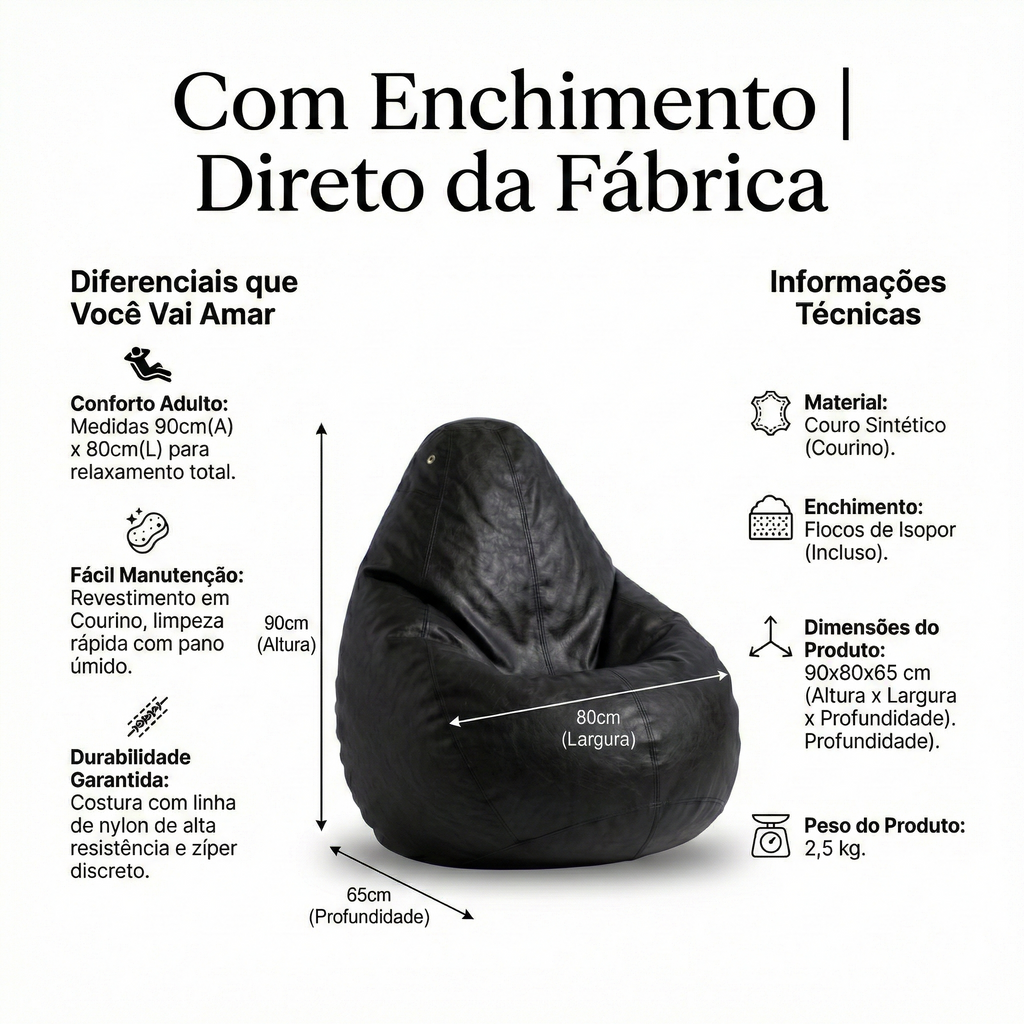 Puff Fofão Adulto com Enchimento e Courino Premium (Preto)