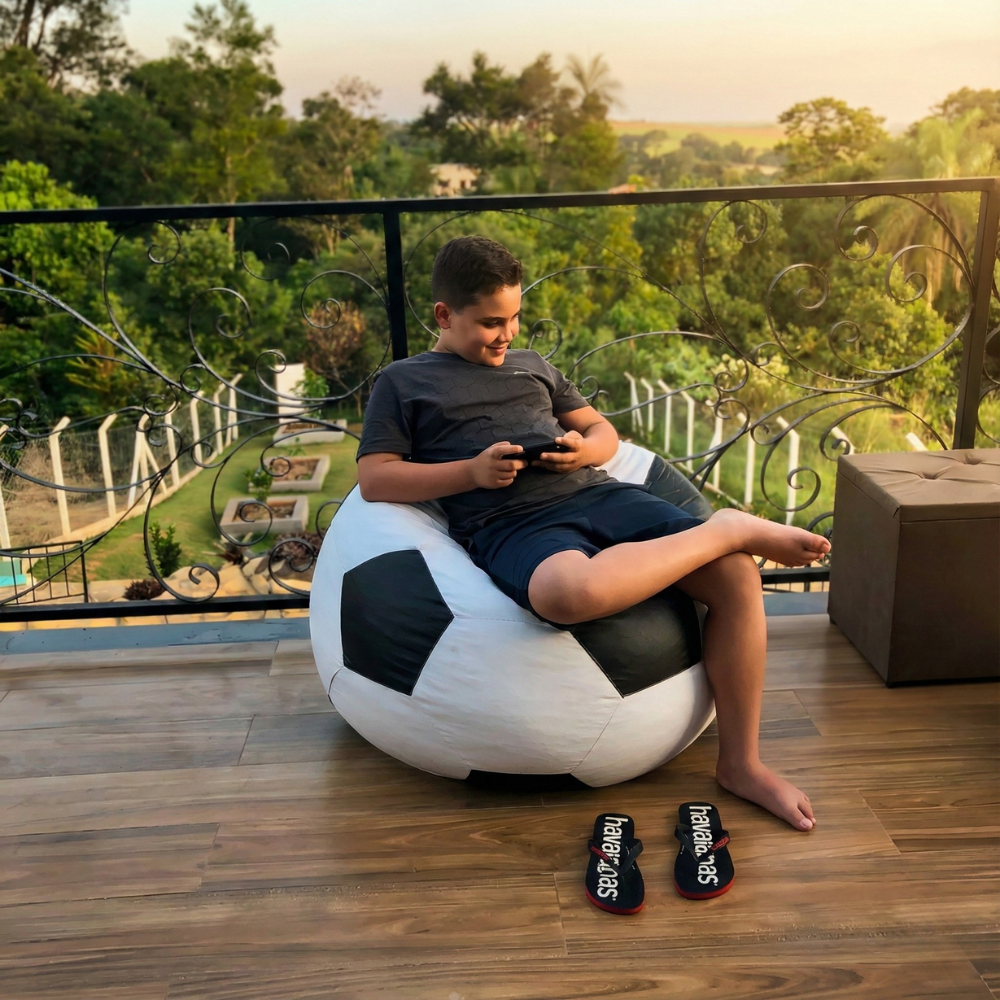 Puff Bola Futebol Com Enchimento Courino Premium (BRANCO COM PRETO)