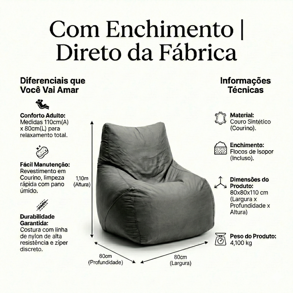 Puff Americano Adulto com Enchimento e Courino Premium (Vermelho)