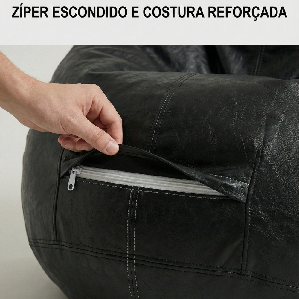 Puff Fofão Adulto com Enchimento e Courino Premium (Preto)