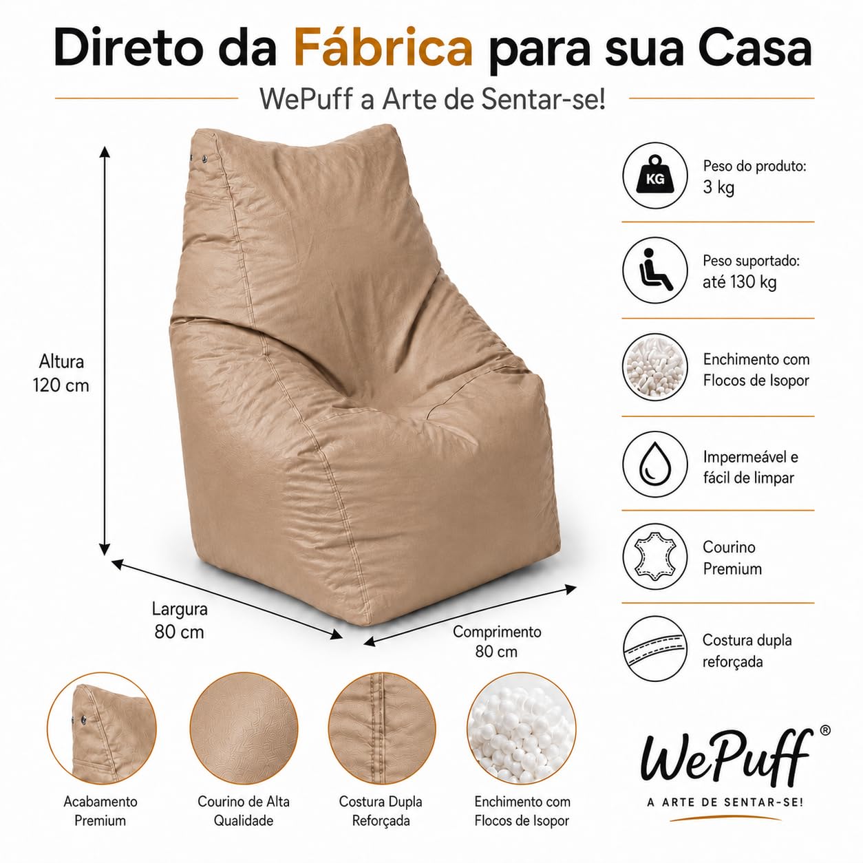Puff Americano Grande com Enchimento em Courino Poltrona Sala Quarto Gamer