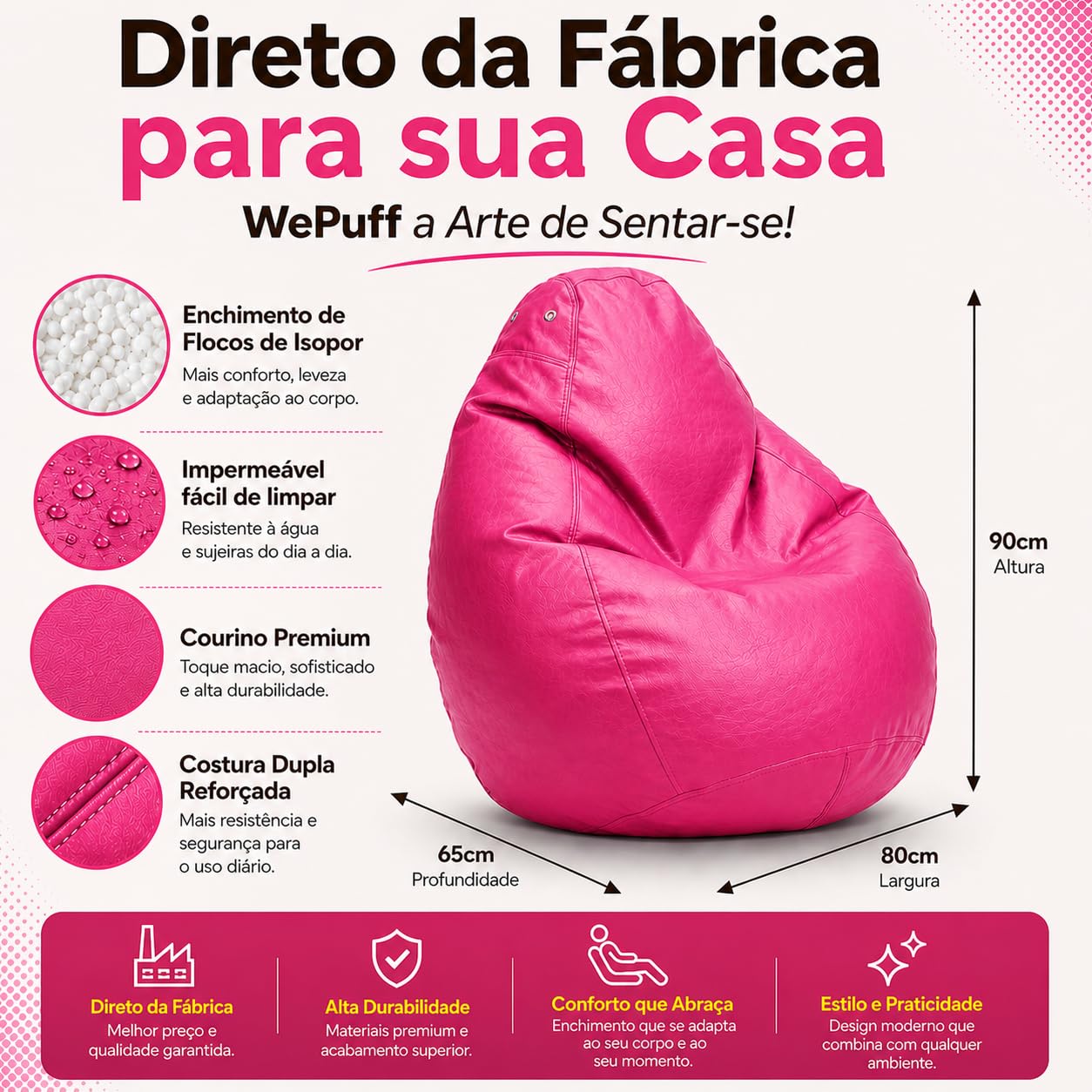 Puff Fofão Adultos e Crianças em Courino com Enchimento, Sala, Quarto Gamer