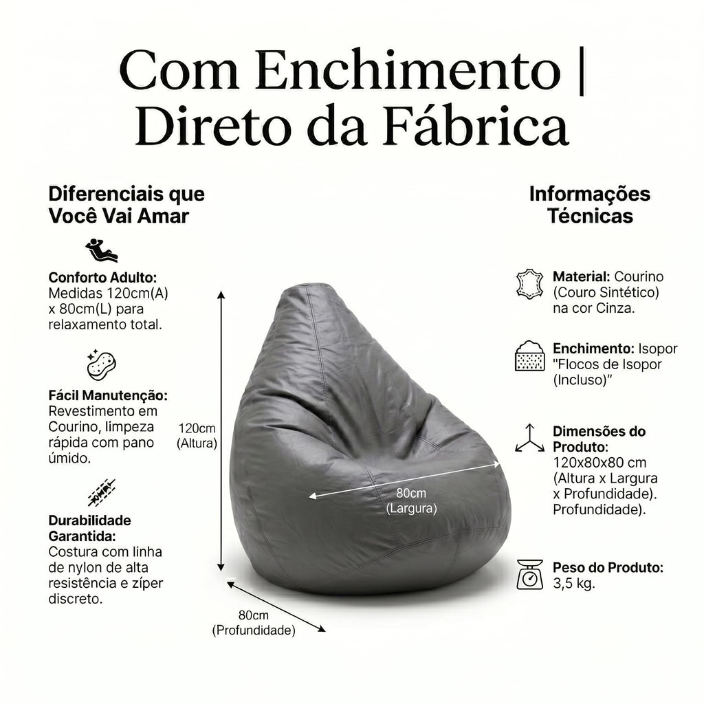 Puff Pêra Grande em Courino com Enchimento Impermeável Sala, Quarto Gamer