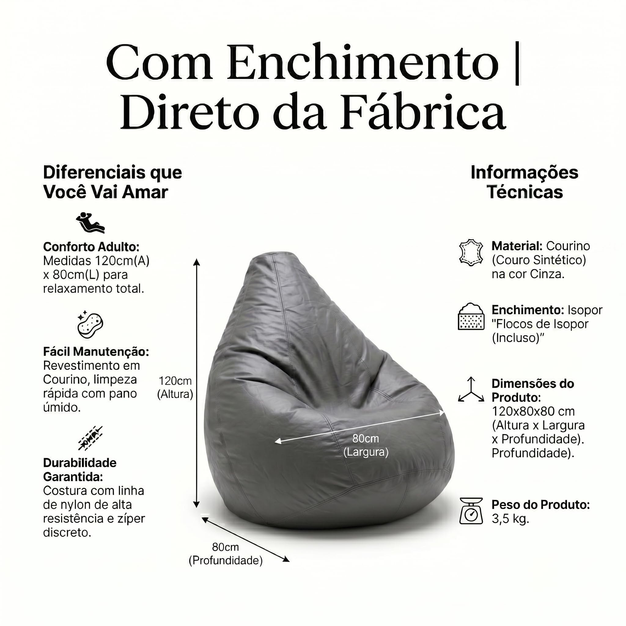 Puff Pêra Grande em Courino com Enchimento Impermeável Sala, Quarto Gamer