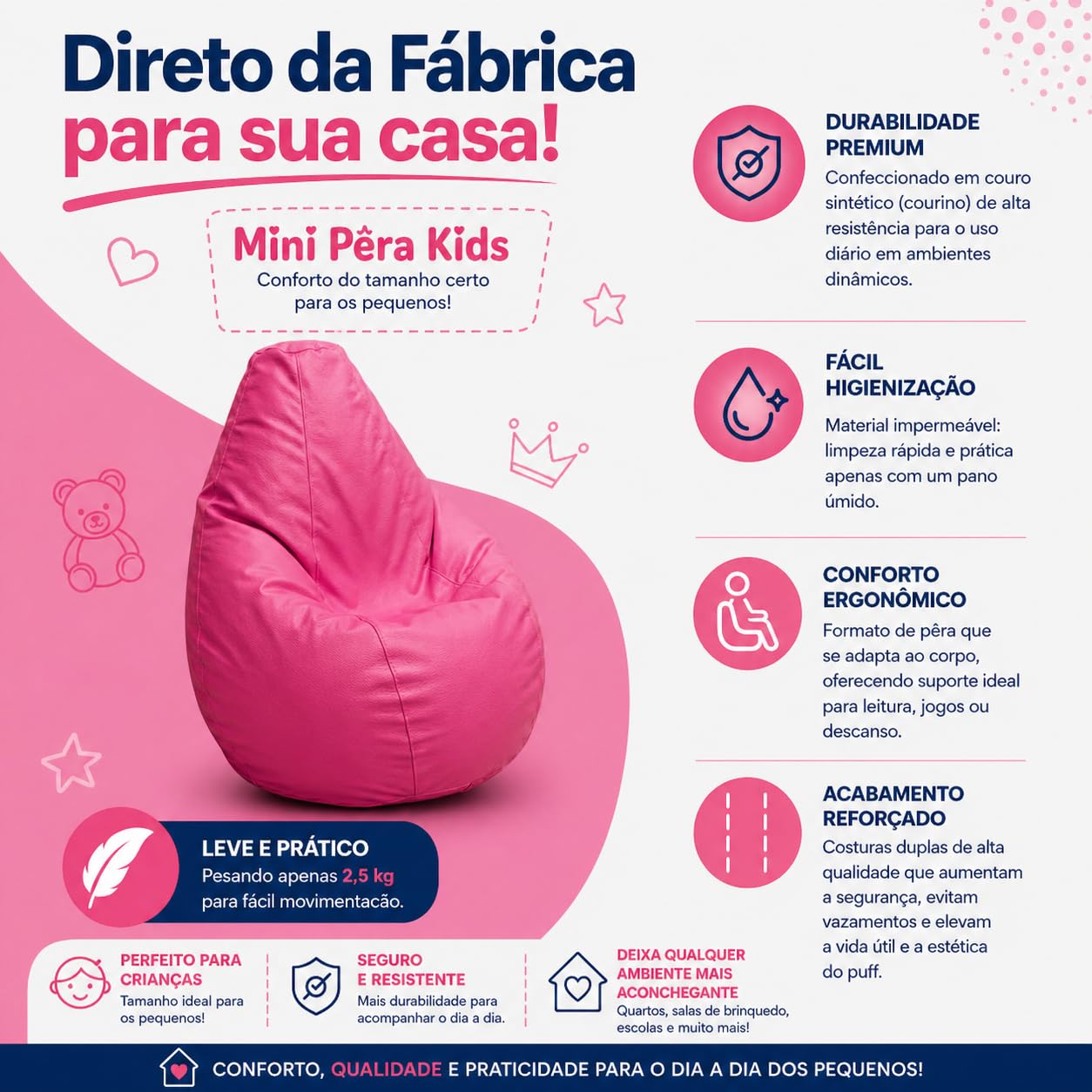 Puff Mini Pêra Infantil em Courino com Enchimento Sala Quarto Gamer Escolas