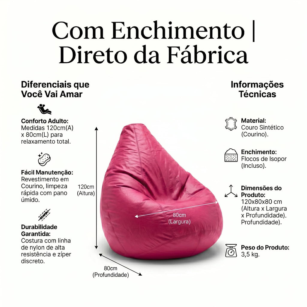 Puff Pêra Grande em Courino com Enchimento Impermeável Sala, Quarto Gamer