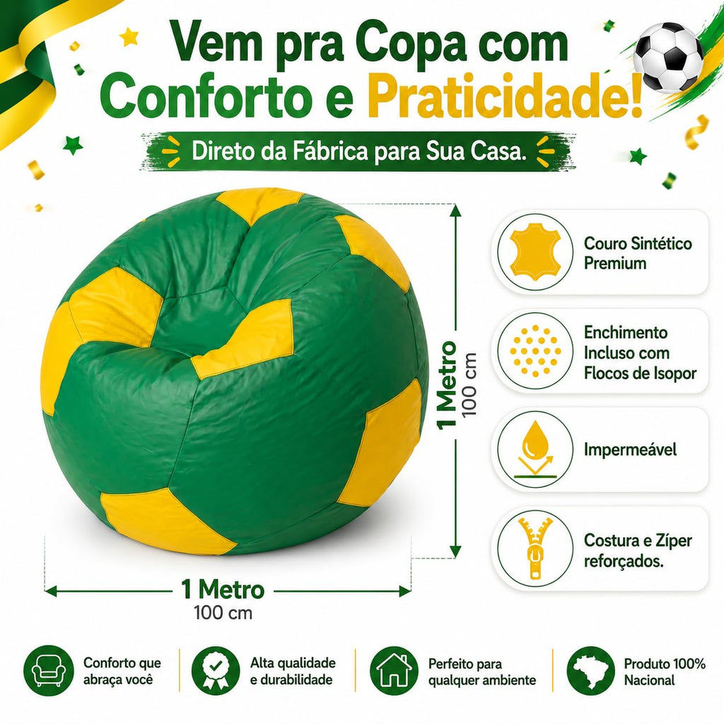 Puff Bola de Futebol Grande em Courino com Enchimento Sala Quarto Gamer