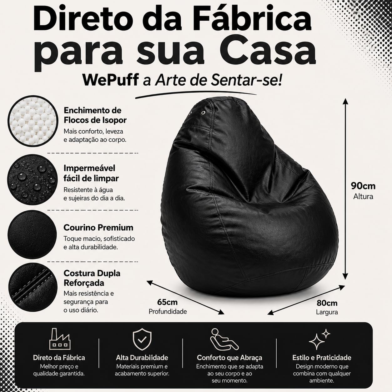 Puff Fofão Adultos e Crianças em Courino com Enchimento, Sala, Quarto Gamer
