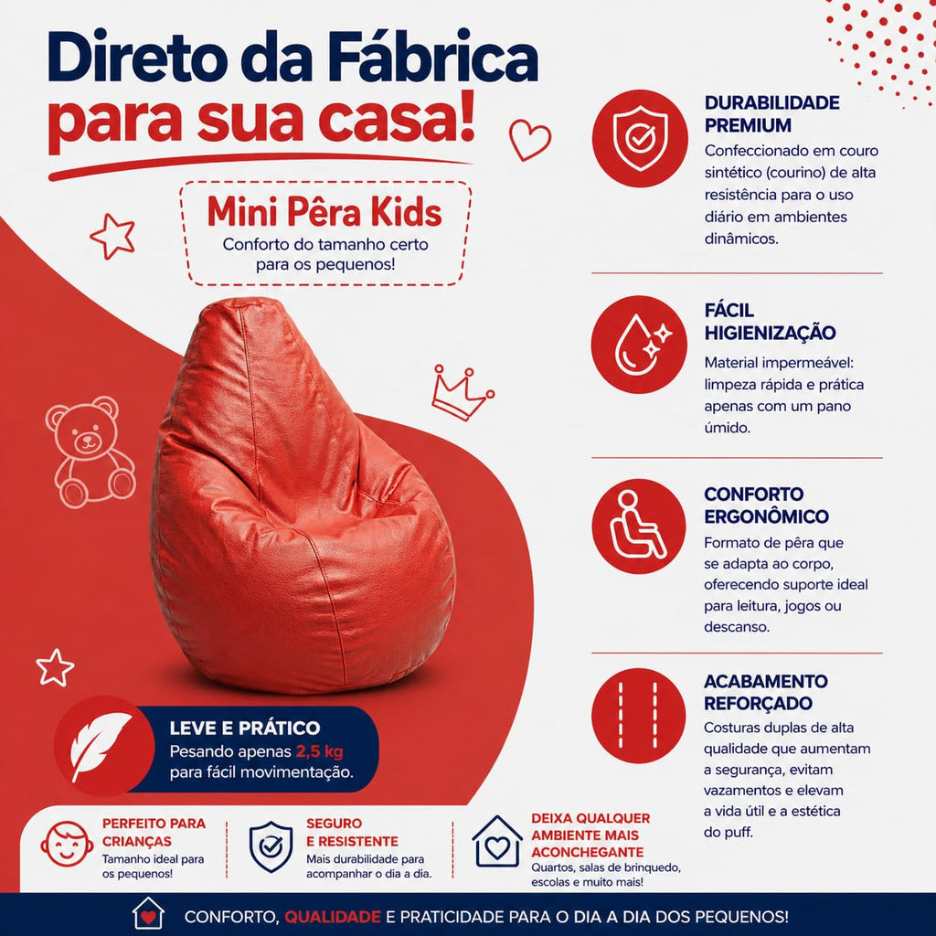 Puff Mini Pêra Infantil em Courino com Enchimento Sala Quarto Gamer Escolas