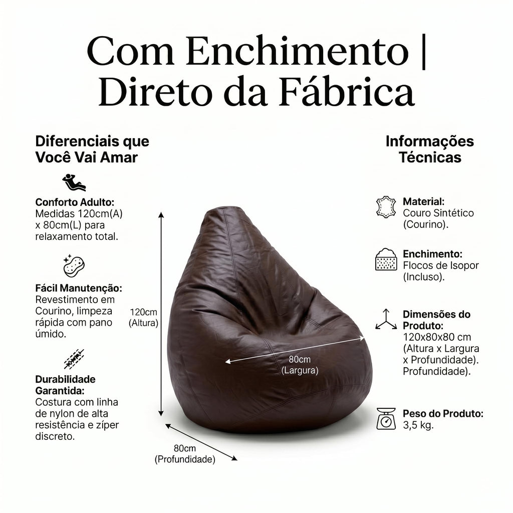 Puff Pêra Grande em Courino com Enchimento Impermeável Sala, Quarto Gamer