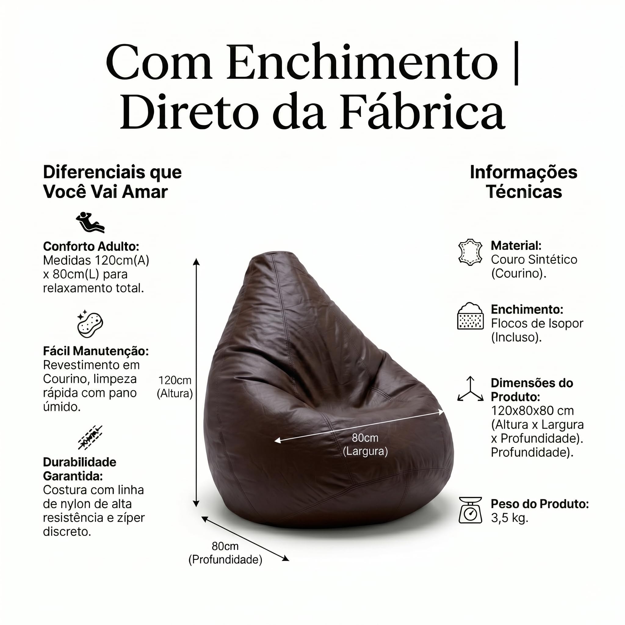 Puff Pêra Grande em Courino com Enchimento Impermeável Sala, Quarto Gamer