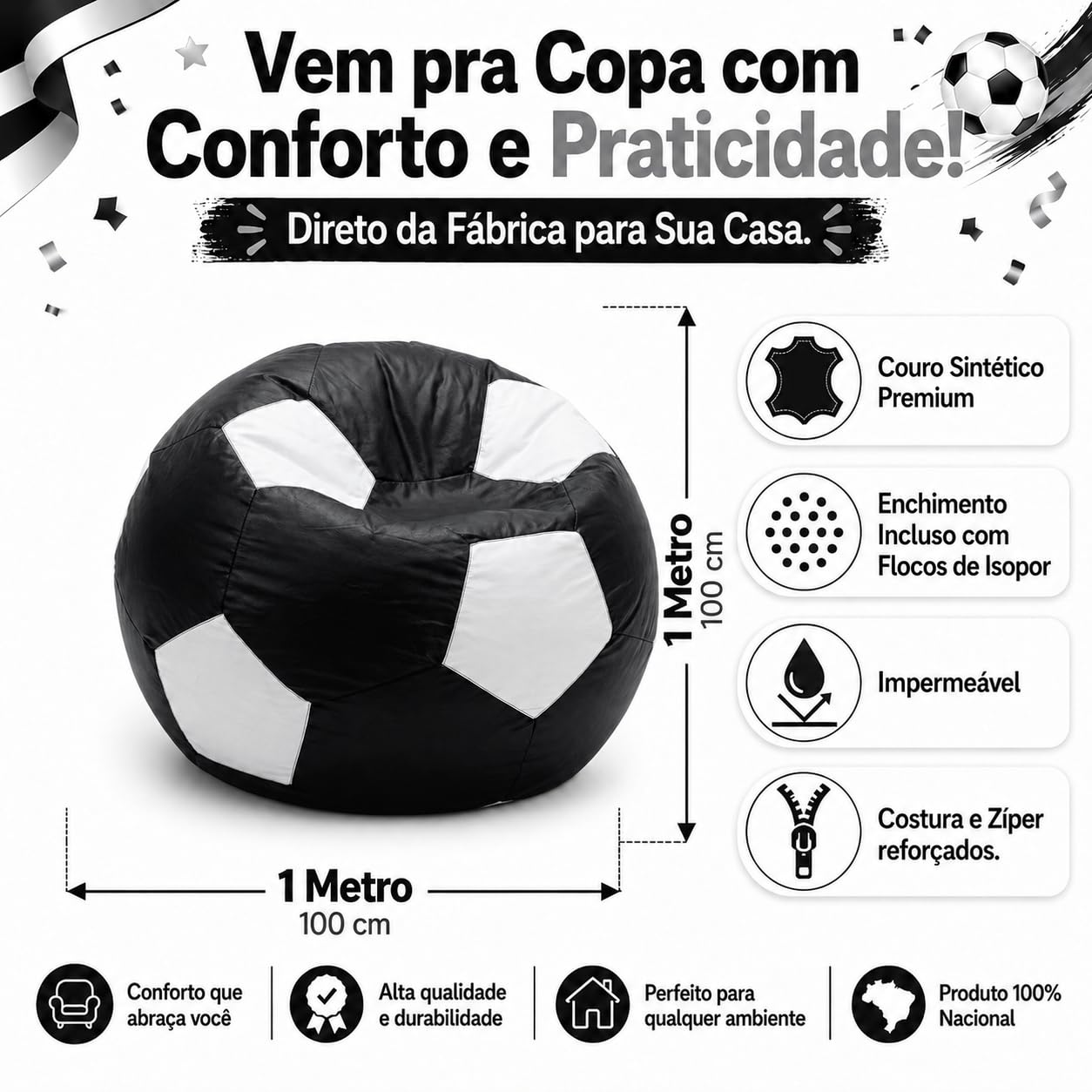 Puff Bola de Futebol Grande em Courino com Enchimento Sala Quarto Gamer