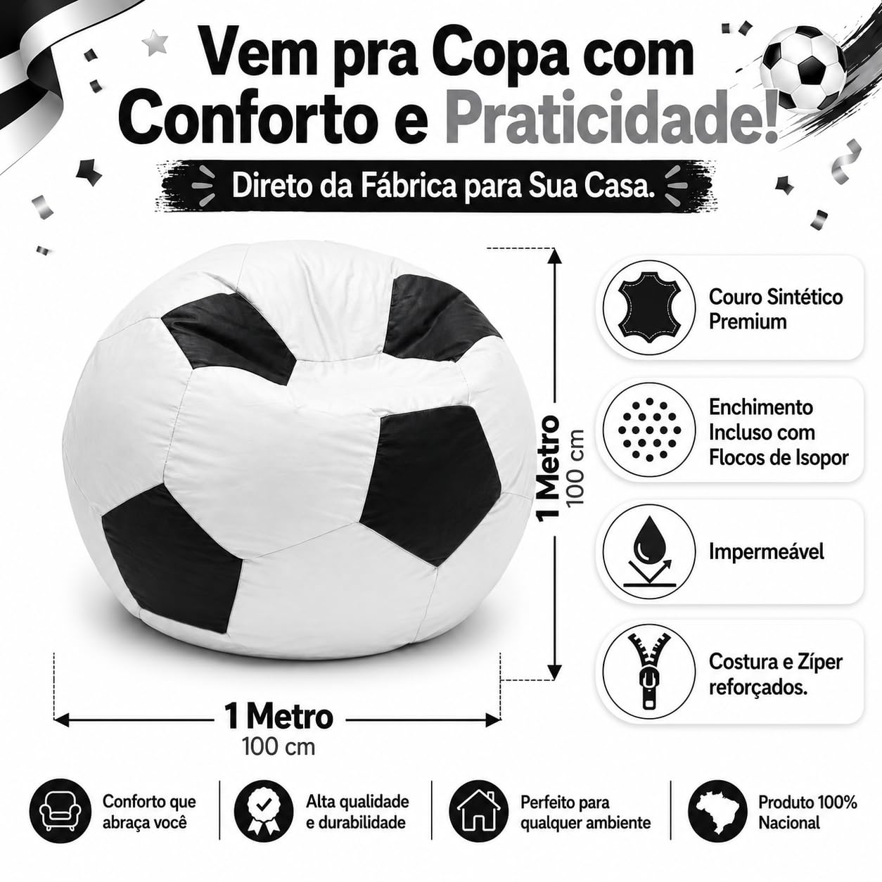 Puff Bola de Futebol Grande em Courino com Enchimento Sala Quarto Gamer