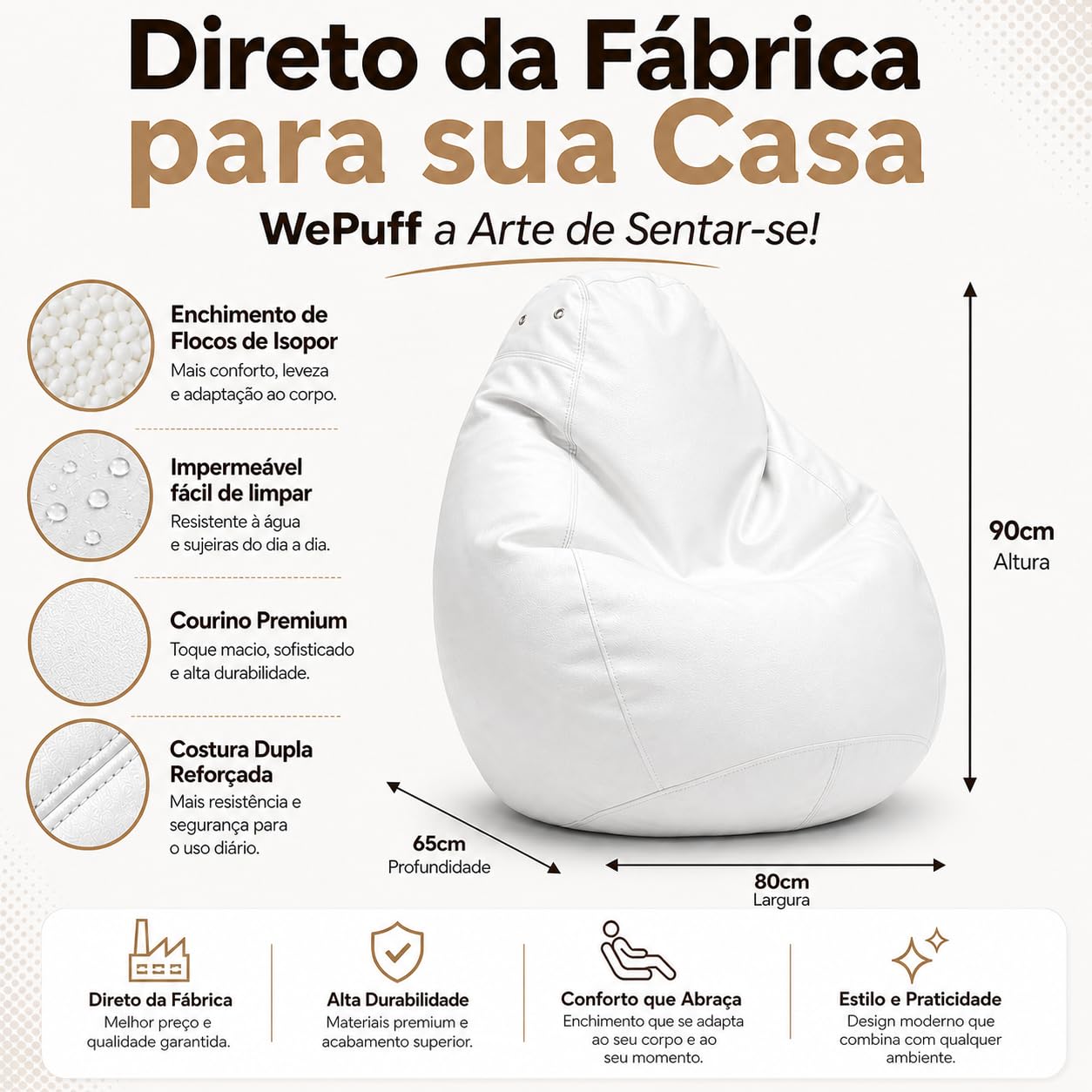 Puff Fofão Adultos e Crianças em Courino com Enchimento, Sala, Quarto Gamer