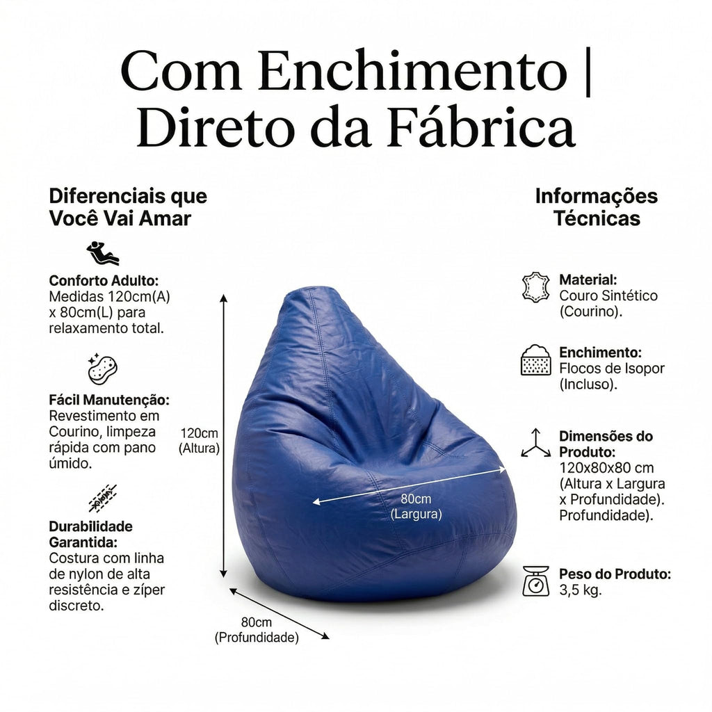 Puff Pêra Grande em Courino com Enchimento Impermeável Sala, Quarto Gamer