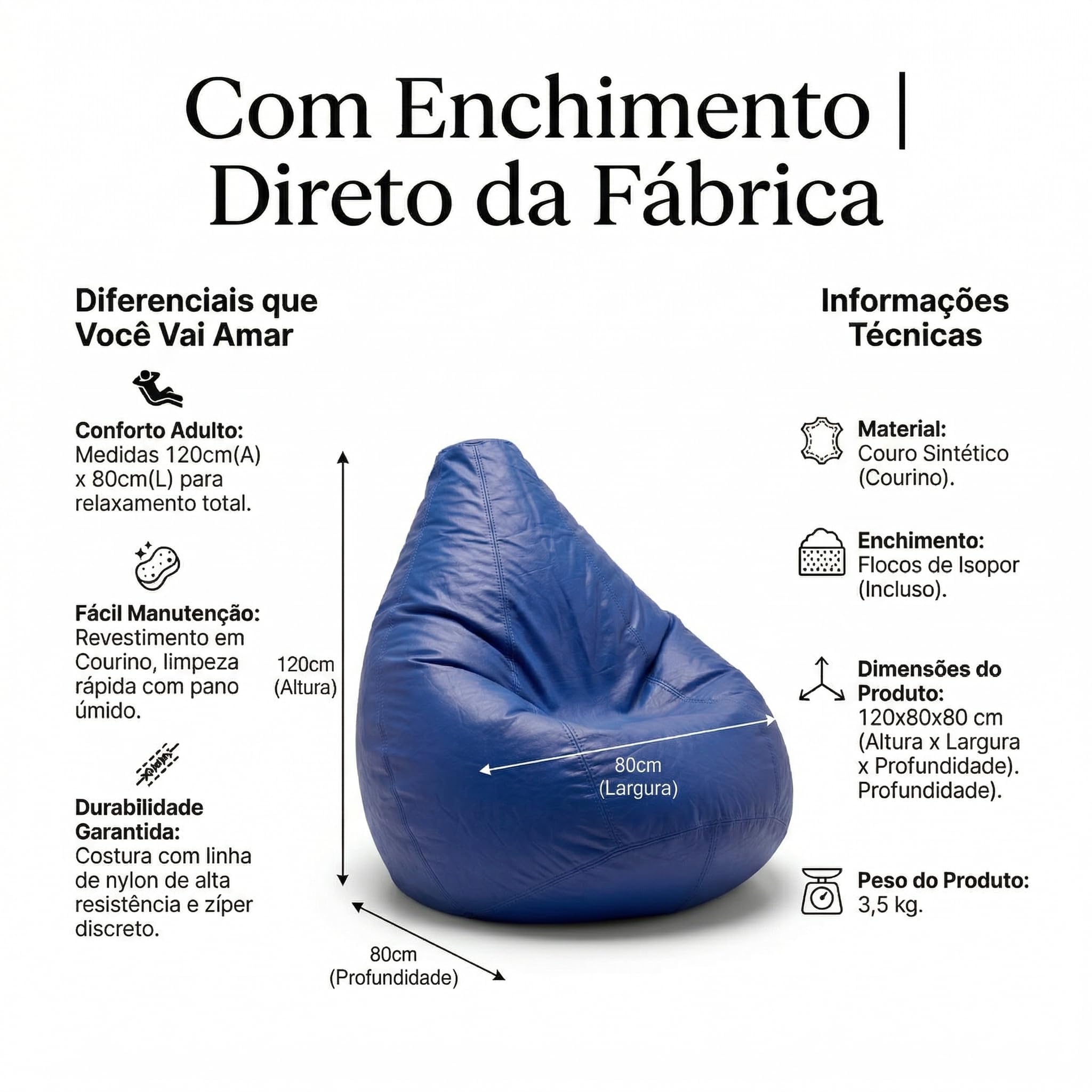 Puff Pêra Grande em Courino com Enchimento Impermeável Sala, Quarto Gamer