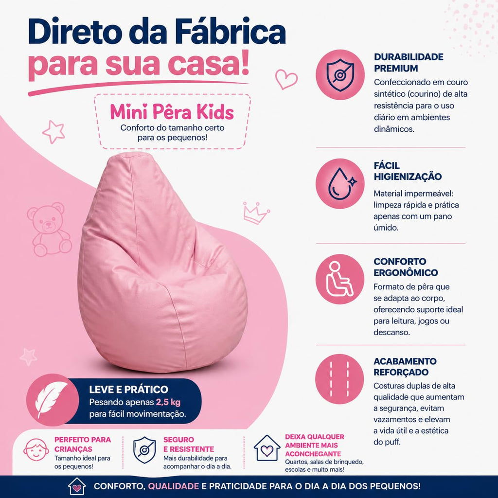Puff Mini Pêra Infantil em Courino com Enchimento Sala Quarto Gamer Escolas