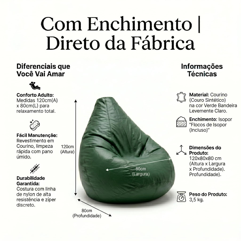 Puff Pêra Grande em Courino com Enchimento Impermeável Sala, Quarto Gamer