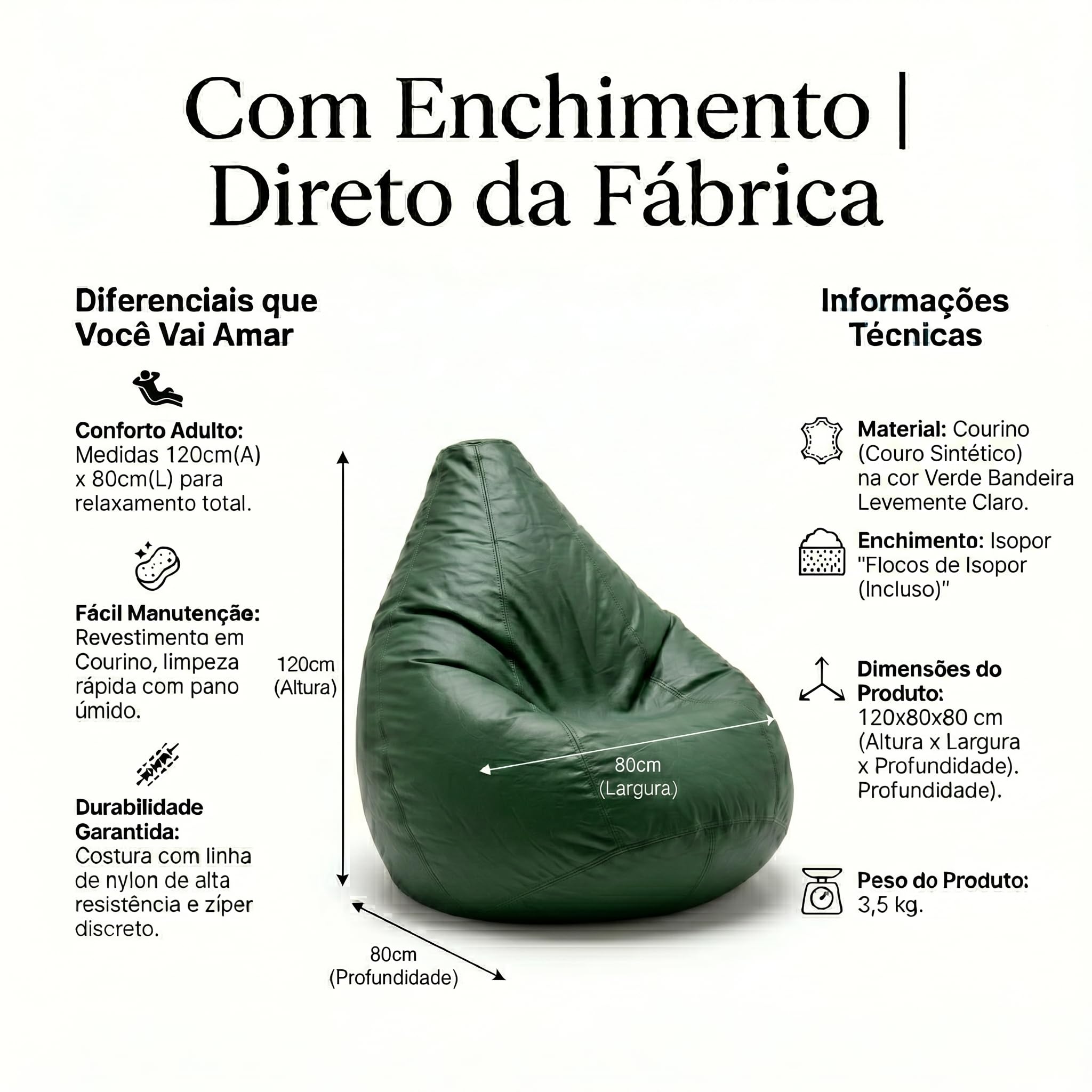 Puff Pêra Grande em Courino com Enchimento Impermeável Sala, Quarto Gamer