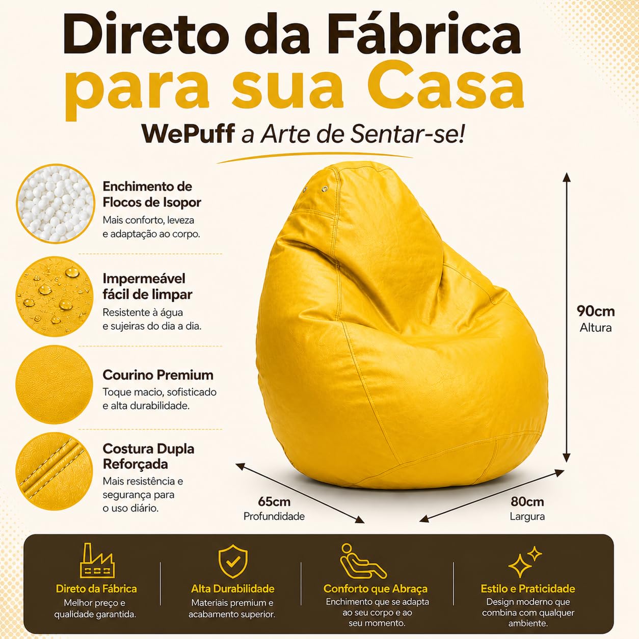 Puff Fofão Adultos e Crianças em Courino com Enchimento, Sala, Quarto Gamer