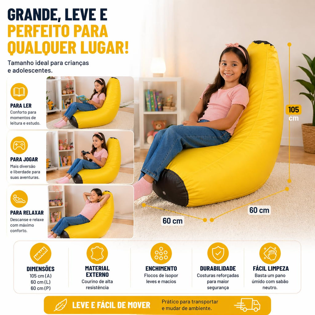 Puff Banana Infantil em Courino com Enchimento Sala Quarto Escolas