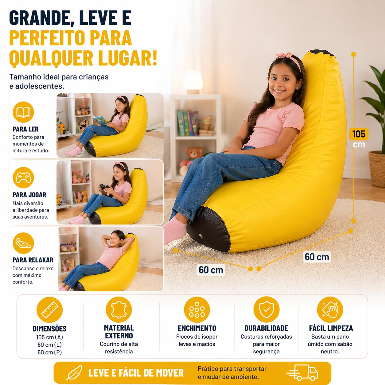 Puff Banana Infantil em Courino com Enchimento Sala Quarto Escolas