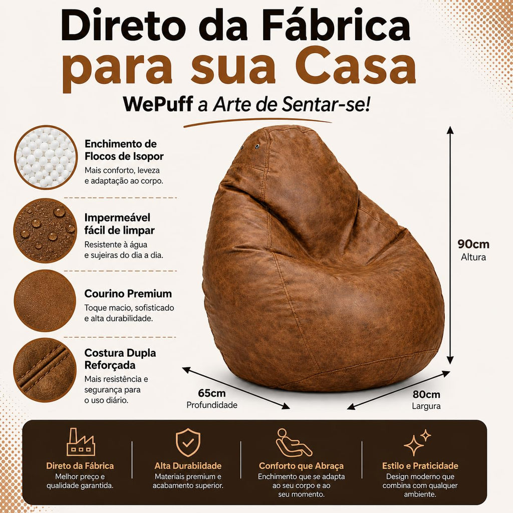 Puff Fofão Adultos e Crianças em Courino com Enchimento, Sala, Quarto Gamer