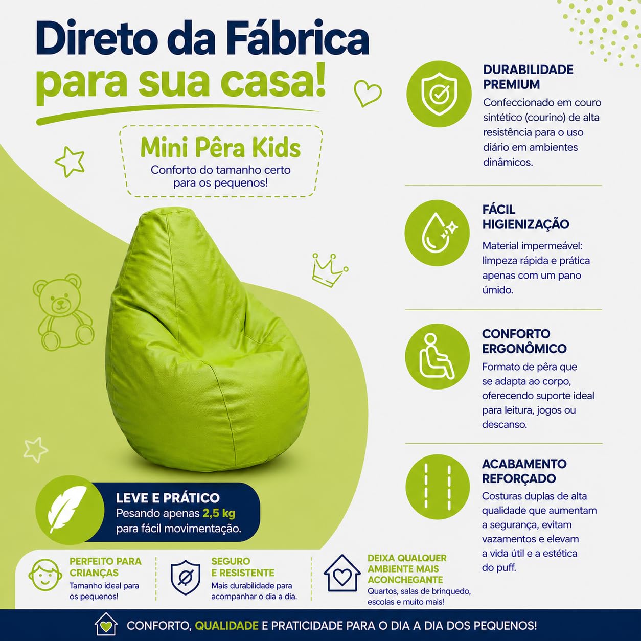 Puff Mini Pêra Infantil em Courino com Enchimento Sala Quarto Gamer Escolas