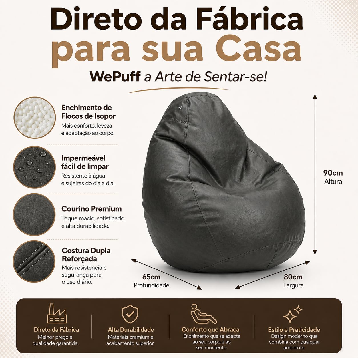 Puff Fofão Adultos e Crianças em Courino com Enchimento, Sala, Quarto Gamer