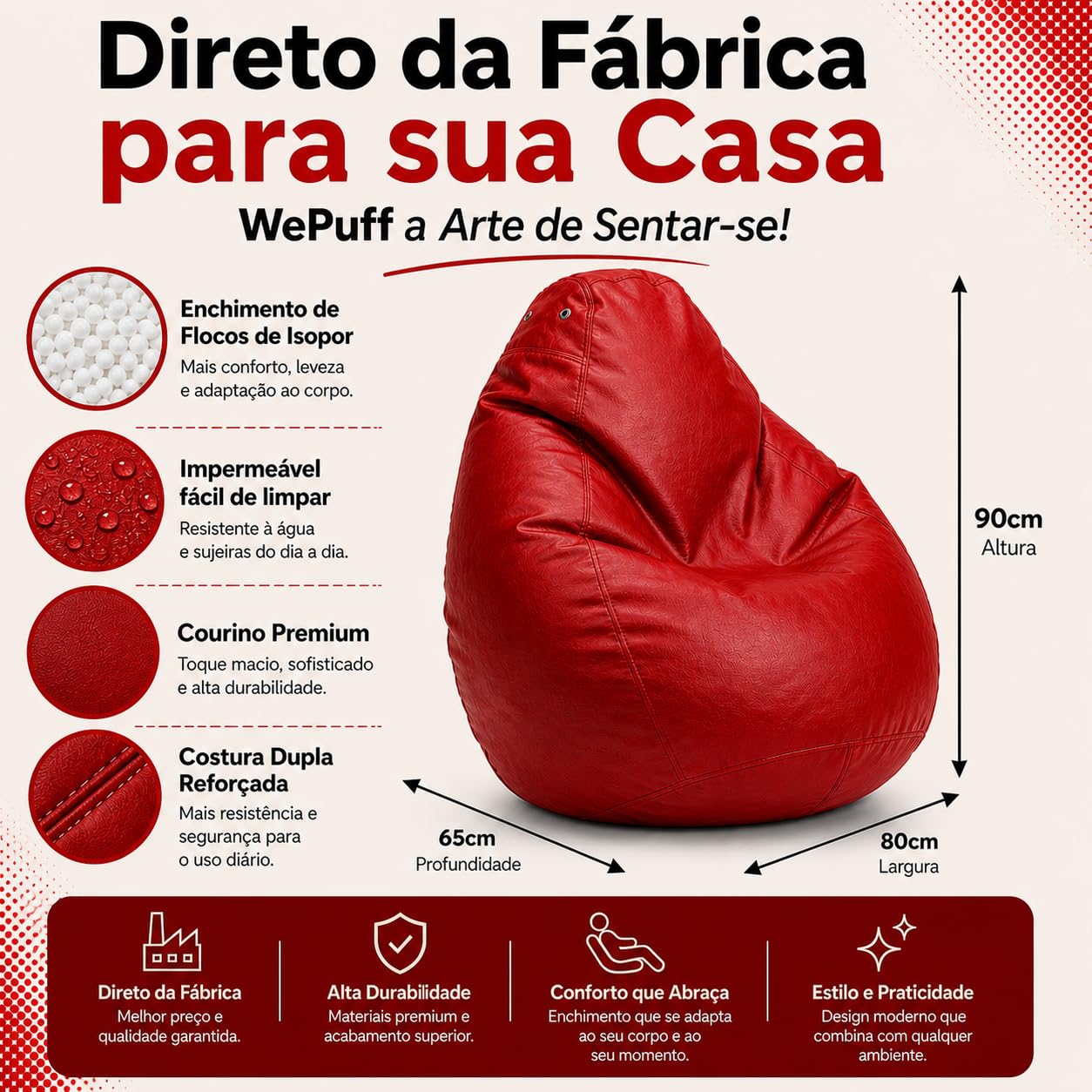 Puff Fofão Adultos e Crianças em Courino com Enchimento, Sala, Quarto Gamer