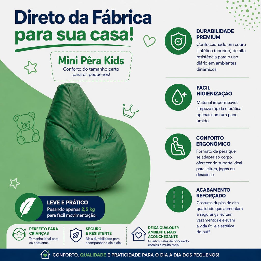 Puff Mini Pêra Infantil em Courino com Enchimento Sala Quarto Gamer Escolas