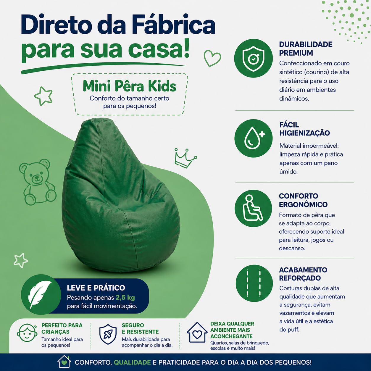 Puff Mini Pêra Infantil em Courino com Enchimento Sala Quarto Gamer Escolas