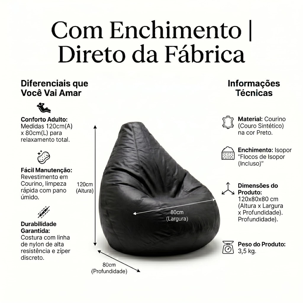 Puff Pêra Grande em Courino com Enchimento Impermeável Sala, Quarto Gamer