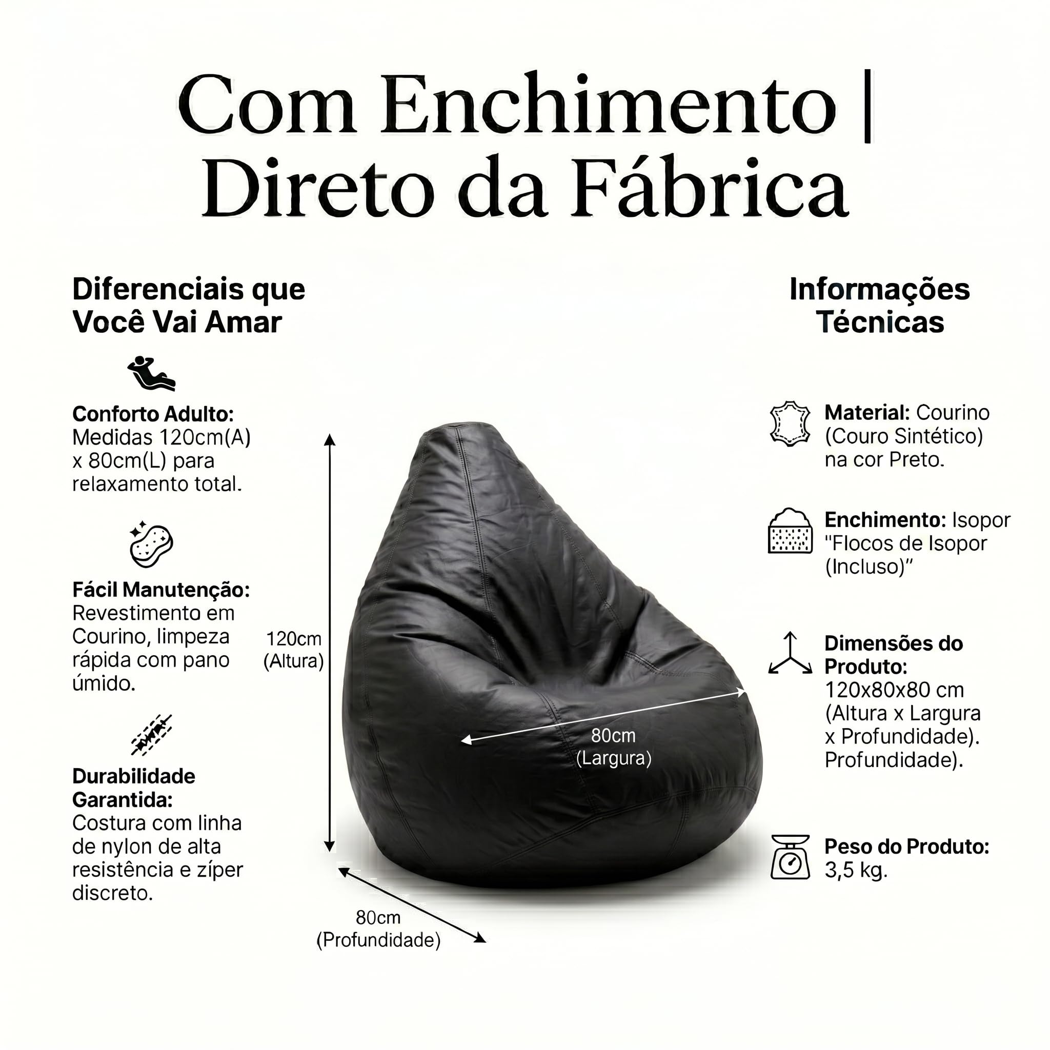 Puff Pêra Grande em Courino com Enchimento Impermeável Sala, Quarto Gamer