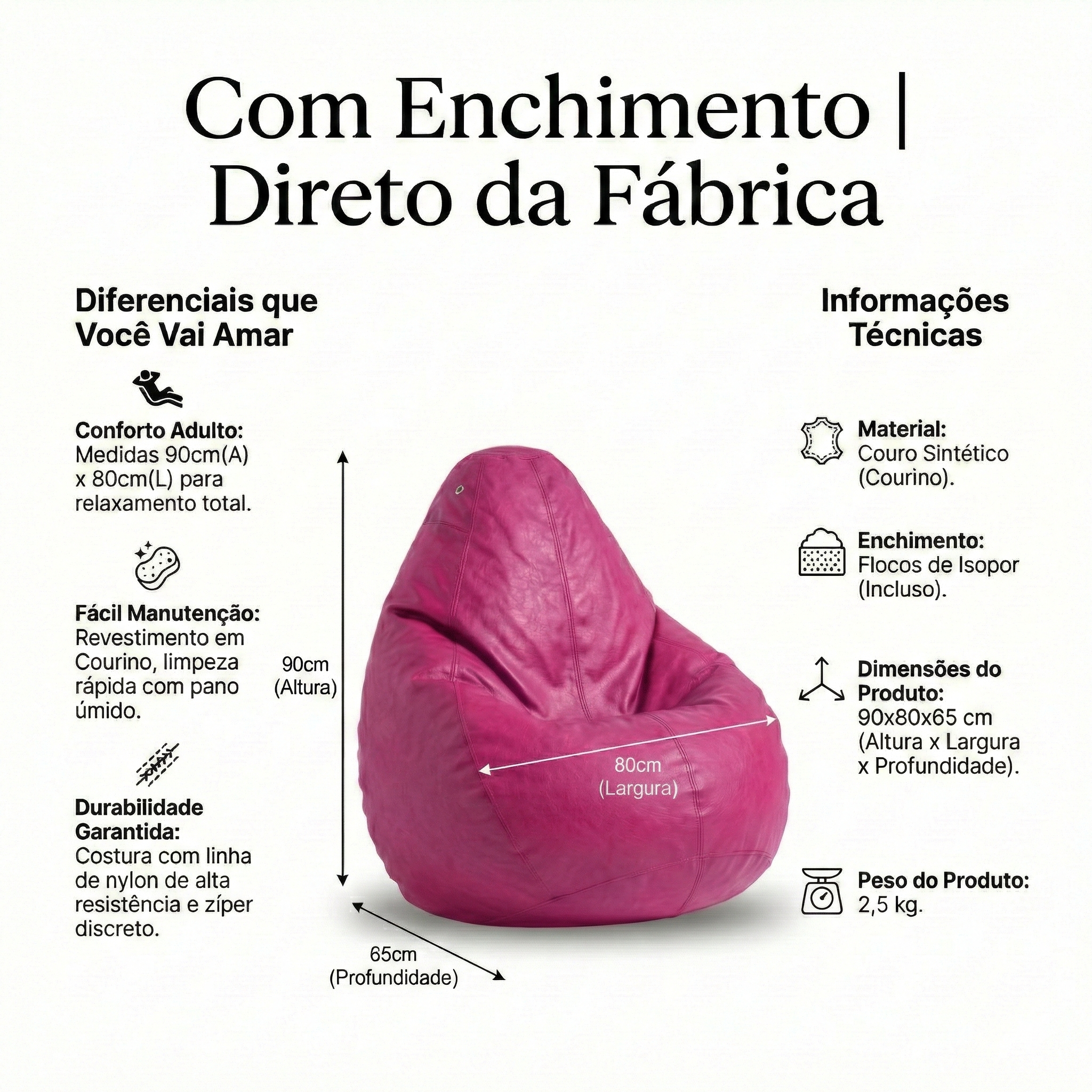 Puff Fofão Adulto com Enchimento e Courino Premium (Rosa Pink)